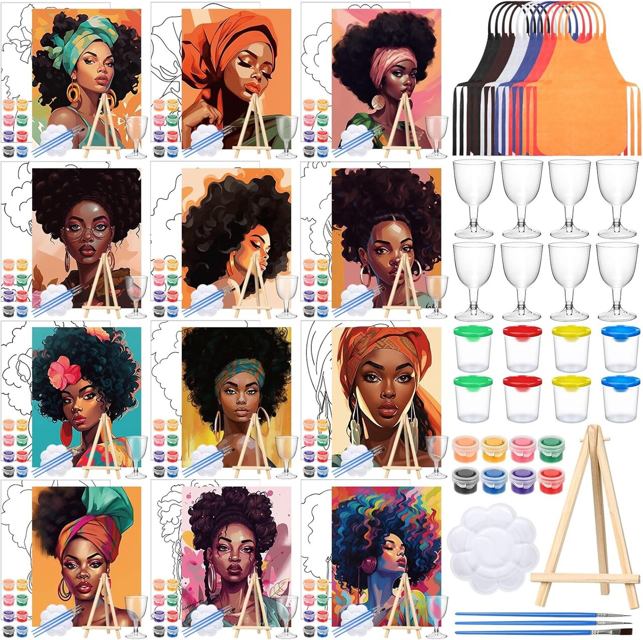 96 Pcs 12 Sets Pre Drawn Canvas Kit for Painting Craft Sip and Paint Kit for Adults Pre Printed Canvas Painting Favor for Virtual DIY Birthday Gifts Adult's Date Party, 8 x 10 Inches